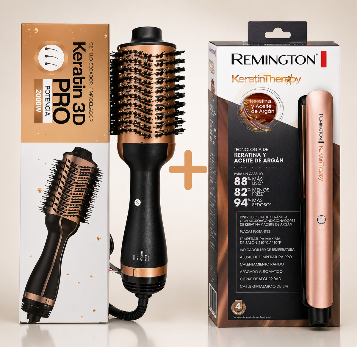 Combo Cepillo Secador Keratin 3D Pro + Plancha Remington Keratin Therapy